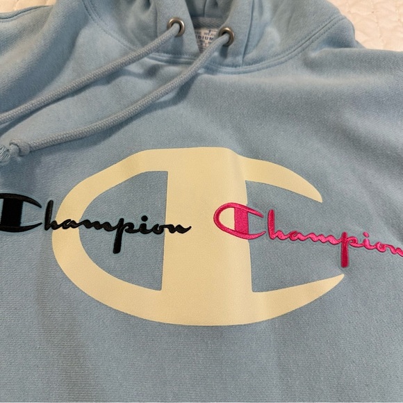Champion Sweatshirt Light Blue Men's Pullover Spell Out Hoodie - Picture 9 of 15